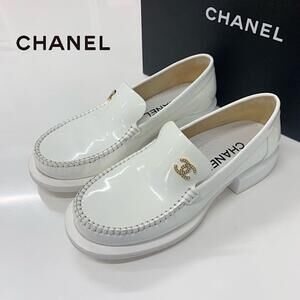Chanel Cocomark Patent Loafer Pearl White
